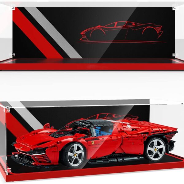 LEGO Vitrinekast voor Lego Cars 42143 (Ferrari Daytona SP3), Transparante Acryl Vitrinekast met Basis en Achterplaatje, Grote Stapelbare Stofdichte Opbergdoos, Montage-Verplicht door Schroeven-V009501